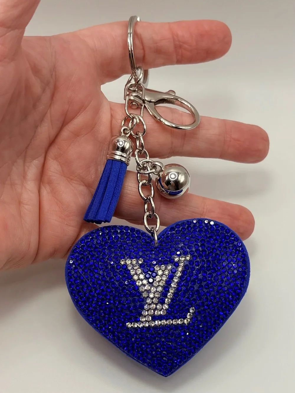Royal Blue Crystal Heart Keychain with Silver Hardware